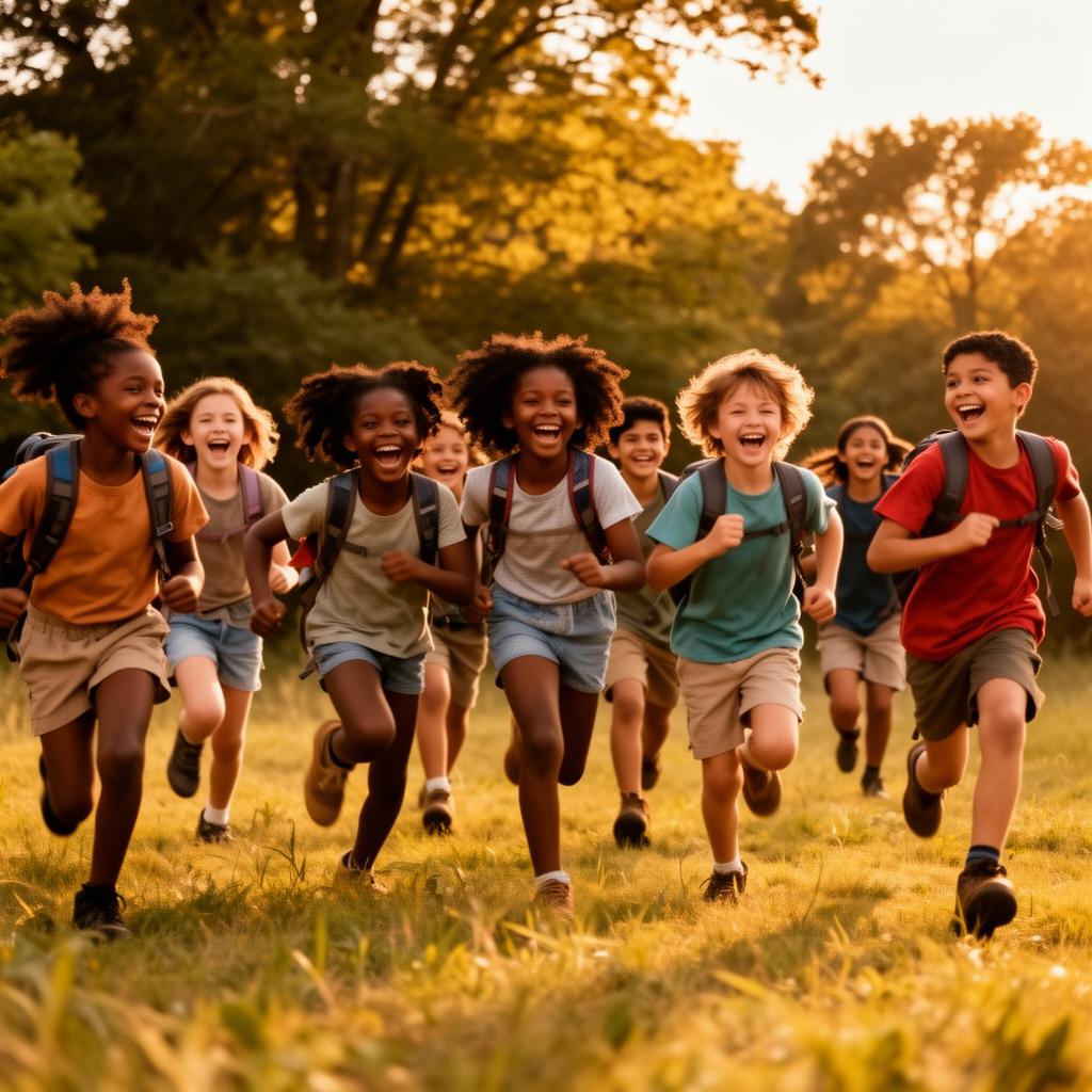 Happy kids playing in a sunny outdoor camp field